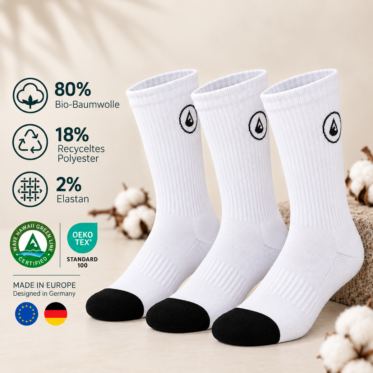 3er Set | Cotton Crew Socks Logo (weiß)