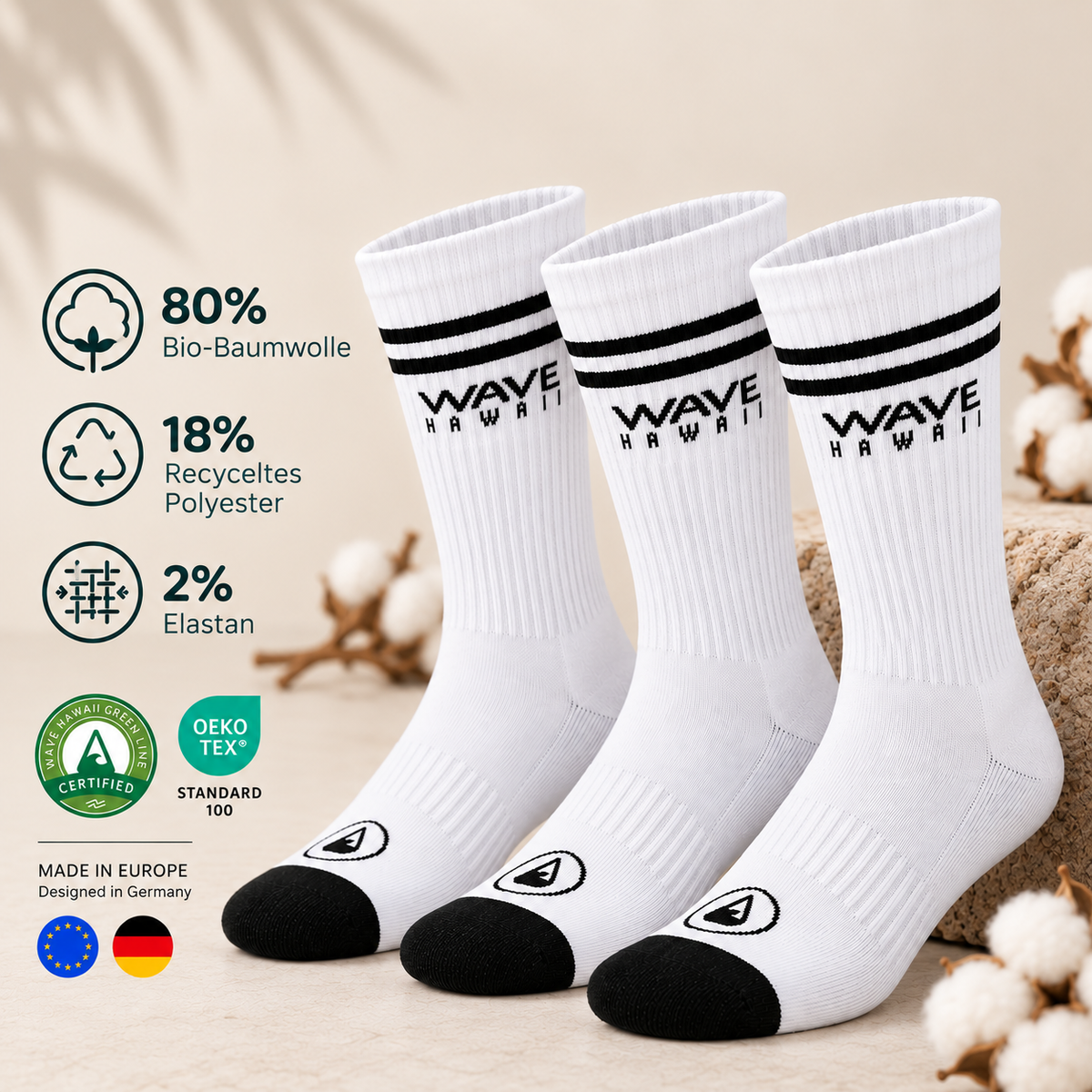 3er Set | Cotton Crew Socks Stripe + Logo (weiß)