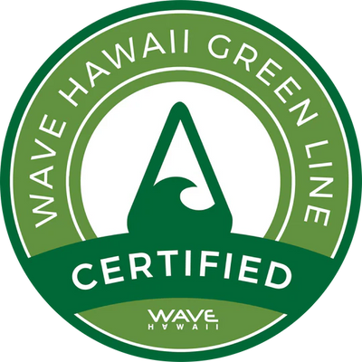 Siegel WAVE HAWAII Green Line Certified in Grün und Weiß für nachhaltige Produkte